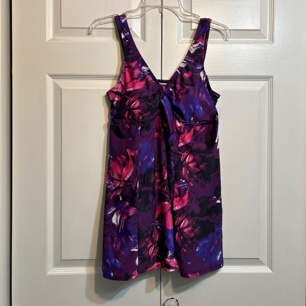 NWT MEET CURVE 1 Pc Swim Suit Dress attached Bottoms Size L Large Purple Floral